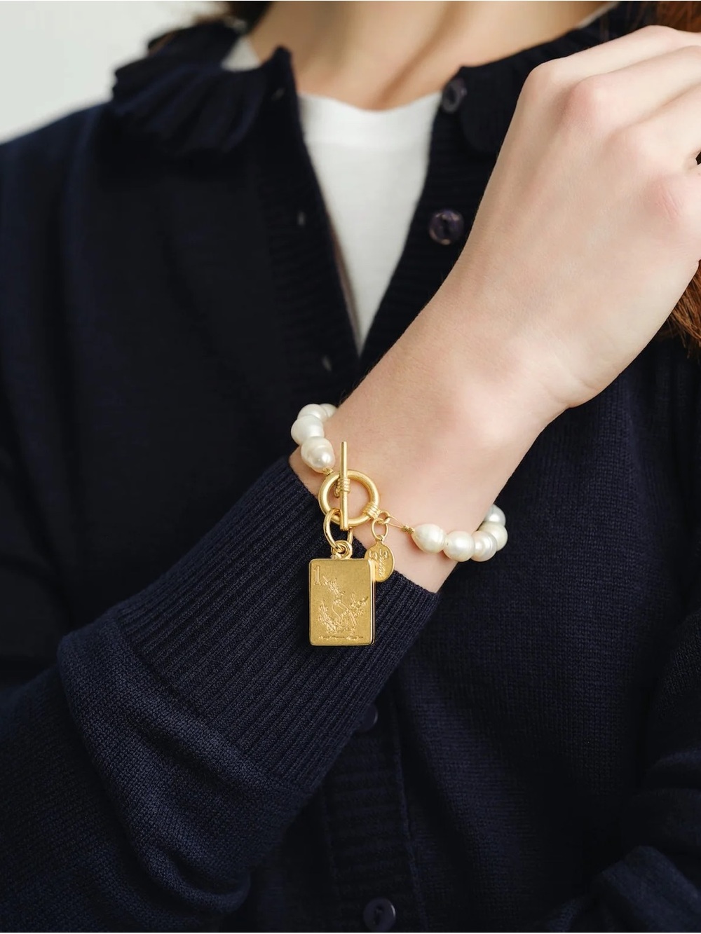White Pearl Bracelet with Bird Bam tile Gold Toggle - Picture 2 of 4